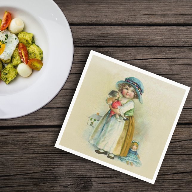 Vintage Little Girl Chubby Cheeks Hat Dolls Napkin (Cute vintage little girl with curls holding her dolls on tan napkins.)
