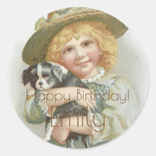 Vintage Little Girl Cute Little Dog Happy Birthday Classic Round Sticker