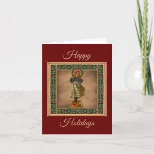 Vintage Little Girl & Holly Wreath Christmas Card