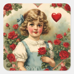Vintage little girl in the rose garden square sticker