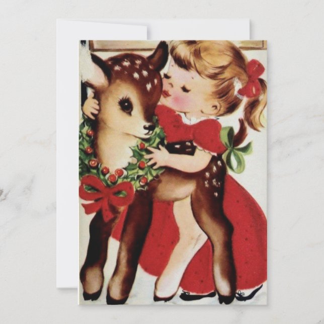 Vintage Little Girl Kissing Baby Christmas Deer Holiday Card (Front)