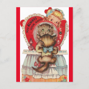 Vintage Little Girl & Kitten 1950's Valentine Postcard