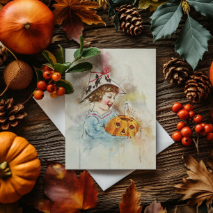 Vintage Little Girl Lighting A Pumpkin Card