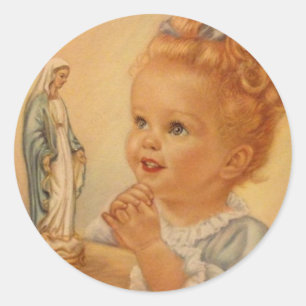 Vintage little girl praying to Blessed Virgin Mary Classic Round Sticker
