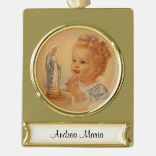 Vintage little girl praying to Blessed Virgin Mary Gold Plated Banner Ornament