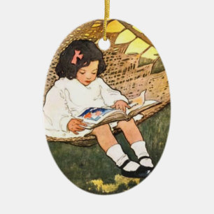 Vintage Little Girl Reading in a Hammock Ceramic Tree Decoration