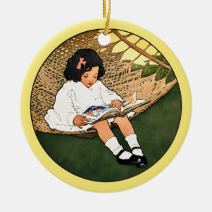 Vintage Little Girl Reading in a Hammock Ceramic Tree Decoration
