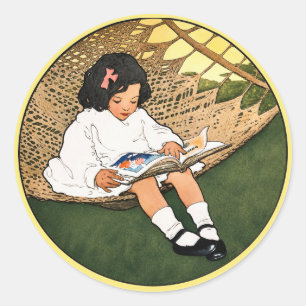 Vintage Little Girl Reading in a Hammock Classic Round Sticker