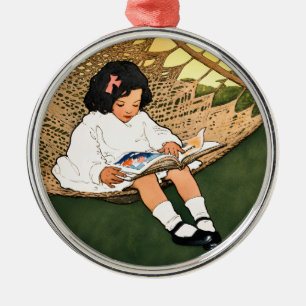 Vintage Little Girl Reading in a Hammock Metal Tree Decoration