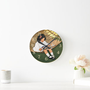 Vintage Little Girl Reading in a Hammock  Round Clock