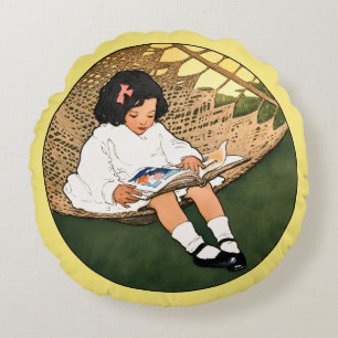 Vintage Little Girl Reading in a Hammock Round Cushion