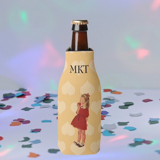 Vintage Little Girl Red Dress Apple Bottle Cooler (Little vintage girl red dress eating apple on yellow hearts drink bottler cooler.)