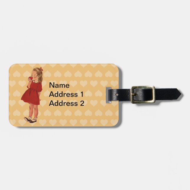 Vintage Little Girl Red Dress Apple Luggage Tag (Front Horizontal)