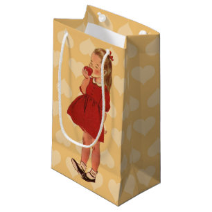 Vintage Little Girl Red Dress Apple Small Gift Bag