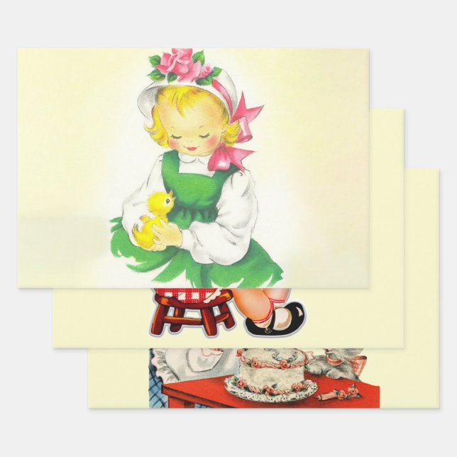 Vintage Little Girl Retro Cute Wrapping Paper Sheet (Set)