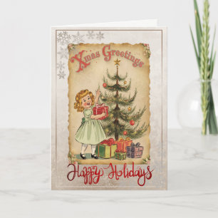Vintage Little Girl Squirrels Snowflakes  Holiday Card