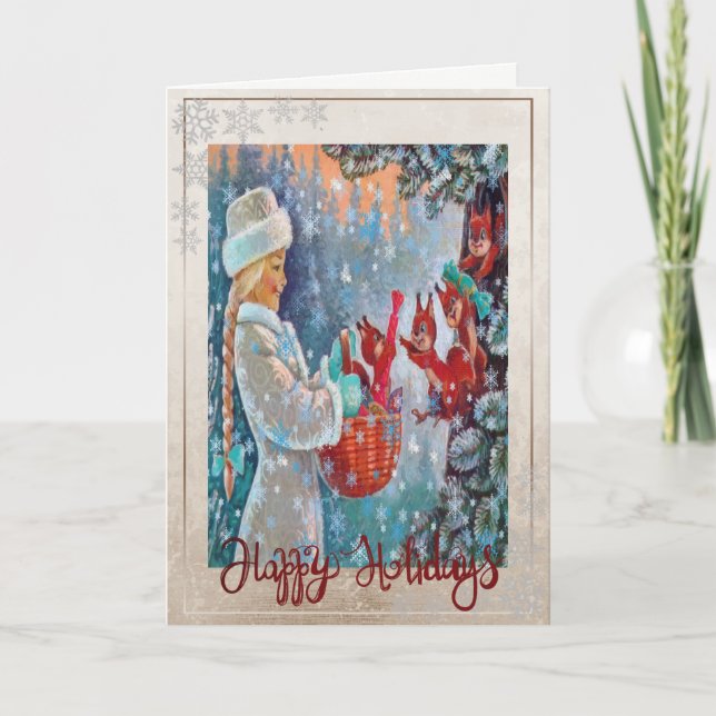 Vintage Little Girl Squirrels Snowflakes  Holiday Card (Front)