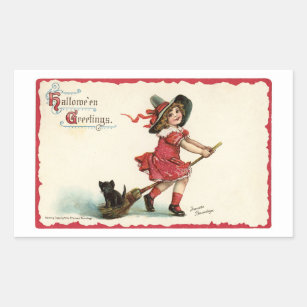 Vintage Little Girl Witch Rectangular Sticker