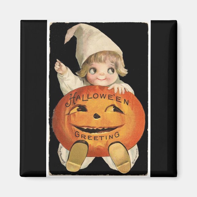 Vintage Little Girl with Big Halloween Pumpkin Magnet (Front)