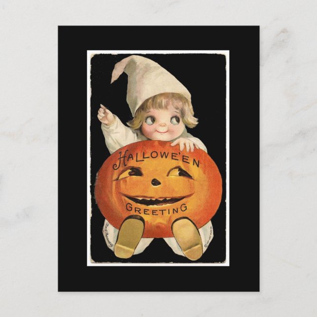 Vintage Little Girl with Big Halloween Pumpkin Postcard (Front)