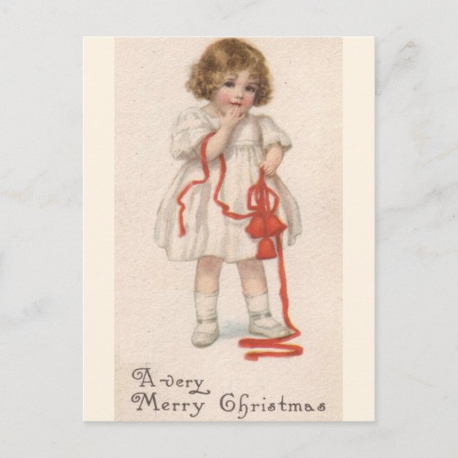 Vintage Little Girl With Christmas Ribbon Holiday Postcard (Front)