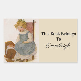 Vintage Little Girl with Doll Bookplate Rectangular Sticker