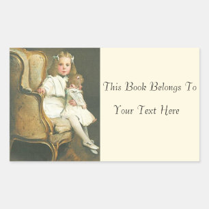 Vintage Little Girl with Doll Photo Name Plate Rectangular Sticker