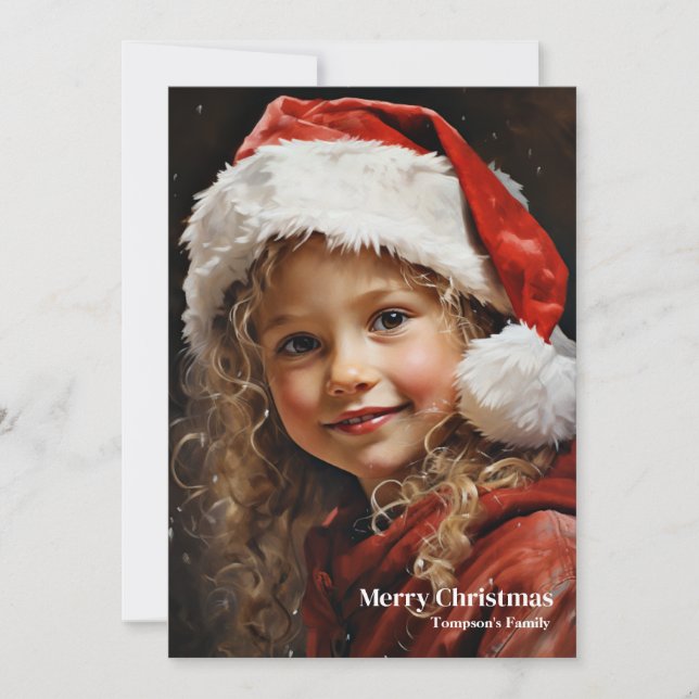 Vintage little girl with holly berry smiling holiday card (Front)