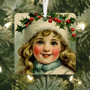 Vintage little girl with mistletoe metal tree decoration