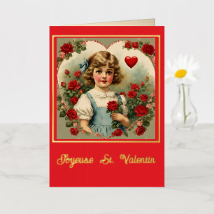 Vintage Little Girl with Roses – French Valentine  Foil Greeting Card
