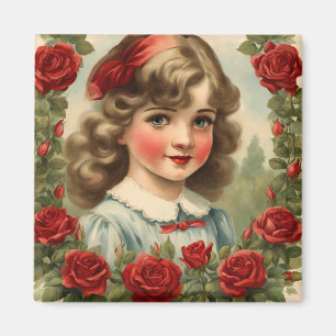 Vintage  little girl  with roses magnet