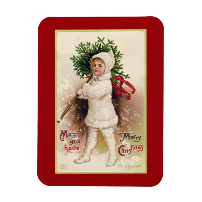 VINTAGE "LITTLE GIRL WITH TREE" CHRISTMAS MAGNET (Vertical)