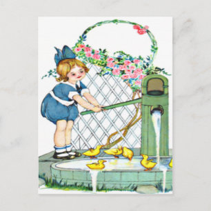 Vintage little girl, yellow chicks, ducks postcard