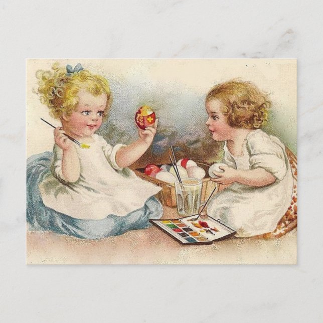 Vintage Little Girls Colouring Easter Eggs Holiday Postcard (Front)