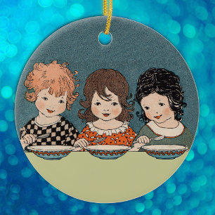 Vintage Little Girls Eating Soup Three Sisters Ceramic Tree Decoration