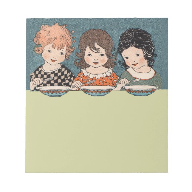Vintage Little Girls Eating Soup Three Sisters Notepad (Front)