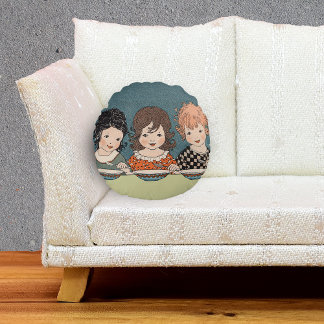 Vintage Little Girls Eating Soup Three Sisters Round Cushion
