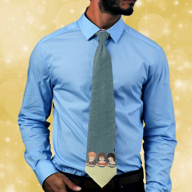 Vintage Little Girls Eating Soup Three Sisters Tie (Three little sisters different colour hair eating soup together on blue neck tie.)