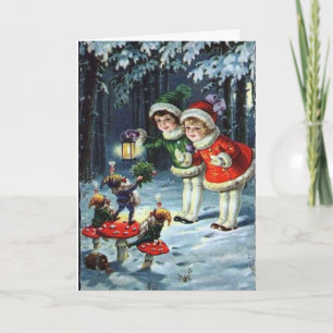 Vintage Little Girls With Christmas Gnomes Card