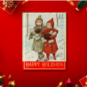 Vintage Little Girls with parcels - golden Foil H Holiday Postcard
