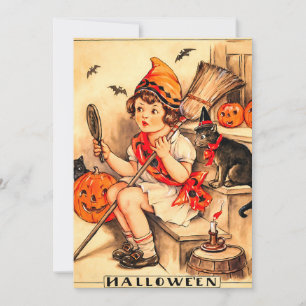 Vintage Little Halloween Witch Girl Holiday Card
