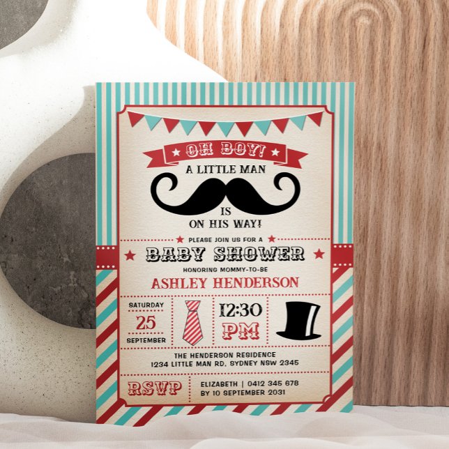 Vintage Little Man Moustache Boy Baby Shower Invitation (Creator Uploaded)