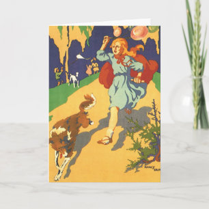 Vintage Little Red Riding Hood, Dog and Balloons Card