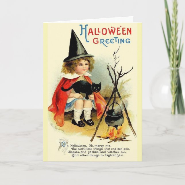 Vintage Little Witch and Black Cat Halloween Card (Front)