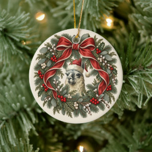 Vintage Llama Christmas Wreath Ceramic Tree Decoration