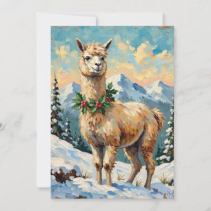 Vintage Llama in Snowy Christmas Meadow Holiday Card