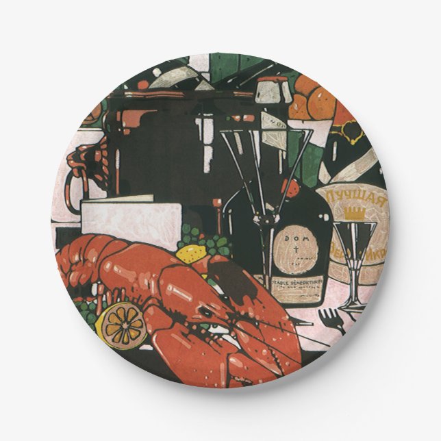 Vintage Lobster Champagne; Fancy Elegant Party Paper Plate (Front)