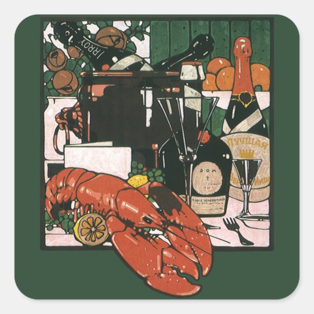 Vintage Lobster Champagne; Fancy Elegant Party Square Sticker (Front)