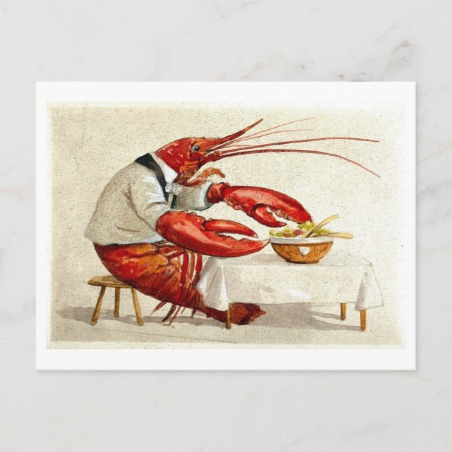 Vintage Lobster Eating Salad Postcard (Front)