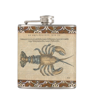 Vintage Lobster Illustration: Coastal Damask Hip Flask